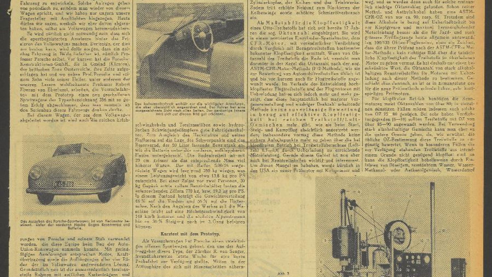 Primo rapporto test di una vettura sportiva Porsche in Automobil-Revue (Svizzera) con il titolo «La più giovane erede di un grande nome – Porsche 356, una nuova vettura sportiva a motore posteriore» sul numero 30 del 7 luglio 1948 Fonte: Automobil-Revue