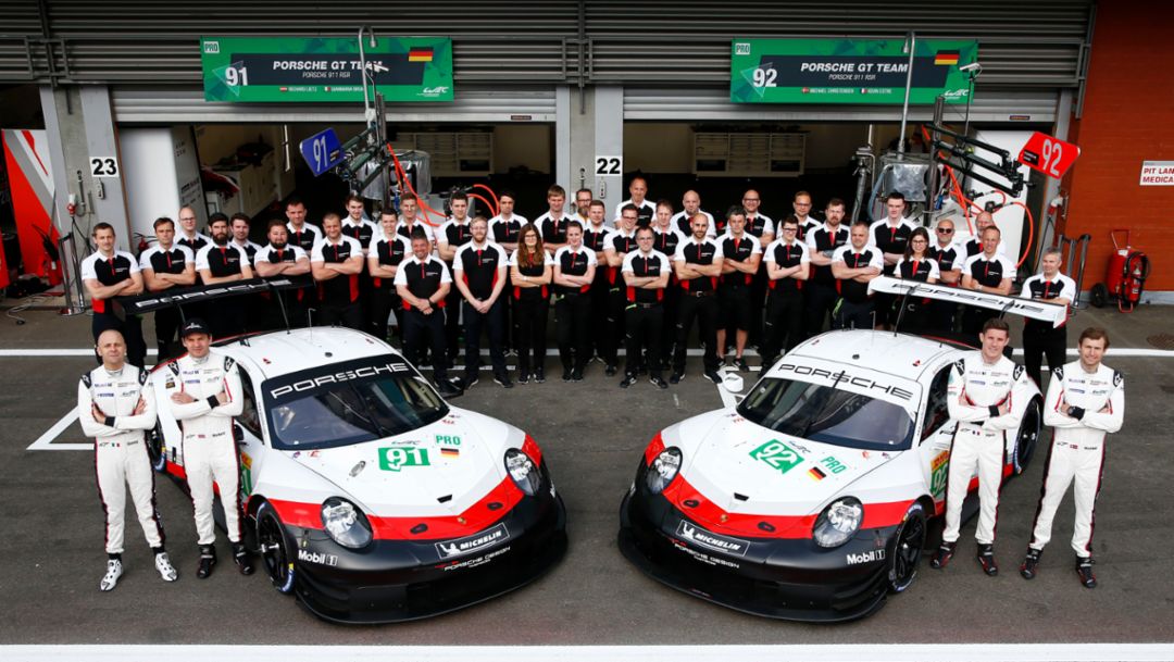 Porsche GT Team: Gianmaria Bruni, Richard Lietz, Kevin Estre, Michael Christensen, l-r, Spa-Franchorchamps, FIA WEC, 2019, Porsche AG