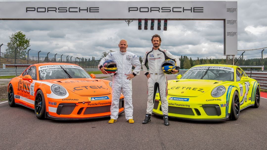 Prince Carl Philip of Sweden and Jacques Villeneuve compete in Carrera Cup