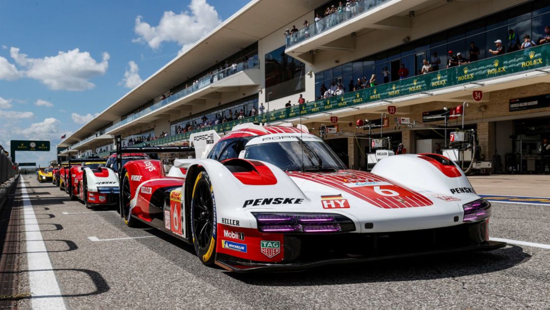 Kevin Estre (F), Andre Lotterer (D), Laurens Vanthoor (B), Porsche Penske Motorsport (#6), Porsche 963, Lauf 6, FIA WEC, Austin, USA, 2024, Porsche AG
