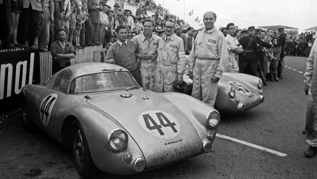 Hans Herrmann, Helmut Glöckler, l-r, 550 Coupé, 24-Stunden von Le Mans 1953, 2018, Porsche AG