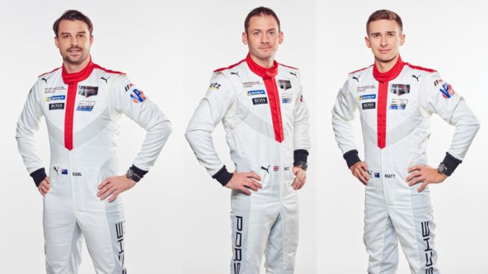 (L-R) Porsche works drivers Earl Bamber (NZL), Nick Tandy (GBR) and Matt Campbell (AUS) will team up in the #93 Porsche 911 RSR at the 2020 Le Mans 24 Hours