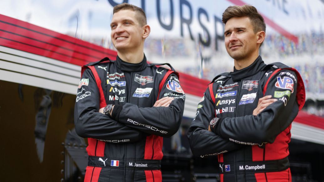 Mathieu Jaminet (FRA) y Matt Campbell (Australia) (i-d), Porsche Penske Motorsport (nº 6), Indianápolis, campeonato IMSA, 2025, Porsche AG