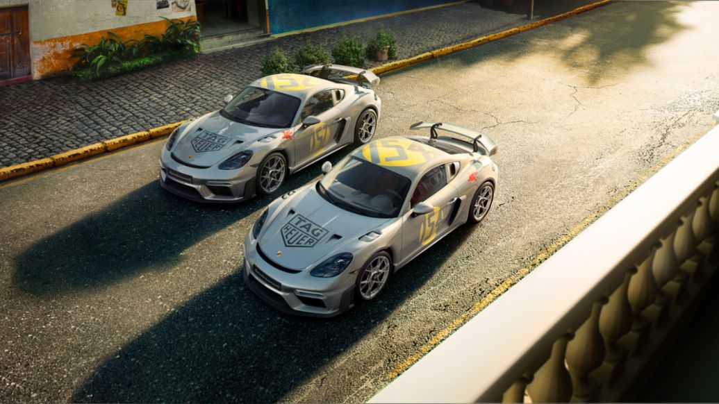 Los dos Porsche 718 Cayman GT4 RS Carrera Panamericana Special del proyecto Sonderwunsch "TAG Heuer y Porsche - Leyendas de la Panamericana", Porsche de México, 2023.