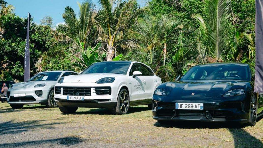 Macan, Cayenne Coupé, Taycan 4S (l-r), E-Performance Tour, La Réunion, 2025, Porsche Middle East