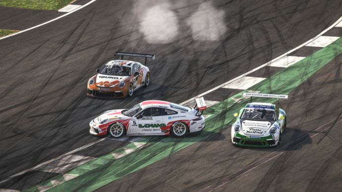 Porsche 911 GT3 Cup, Larry ten Voorde (NL), Jaap van Lagen (NL), Ayhancan Güven (TR), Porsche Mobil 1 Supercup Virtual Edition, Silverstone 2020, race 2