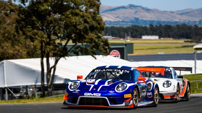GMG and Wright Motorsports Porsche 911 GT3 Rs race at Sonoma, 2019, PCNA