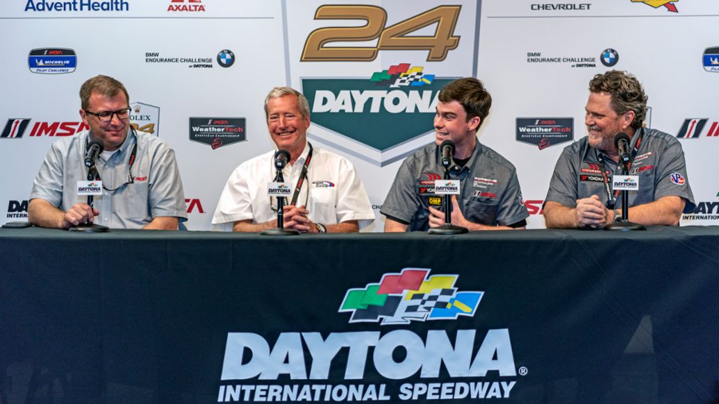 John Doonan, IMSA; Hurley Haywood; Riley Dickinson, David Moore, Moorespeed, l-r, 2019, PCNA