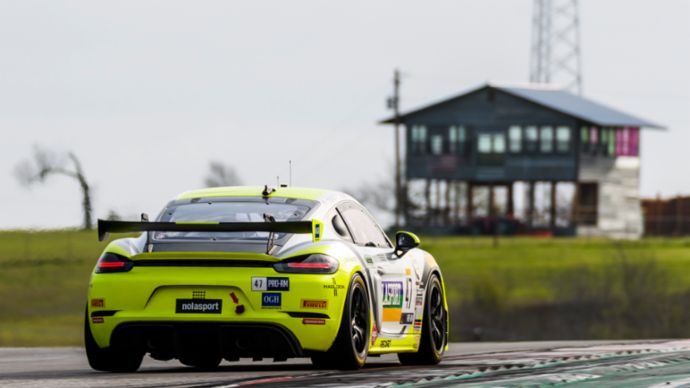 No. 47 NOLASPORT Porsche 718 GT4 Clubsport to SRO GT4 America SprintX Race 2 victory, Austin, Texas, 2020, PCNA