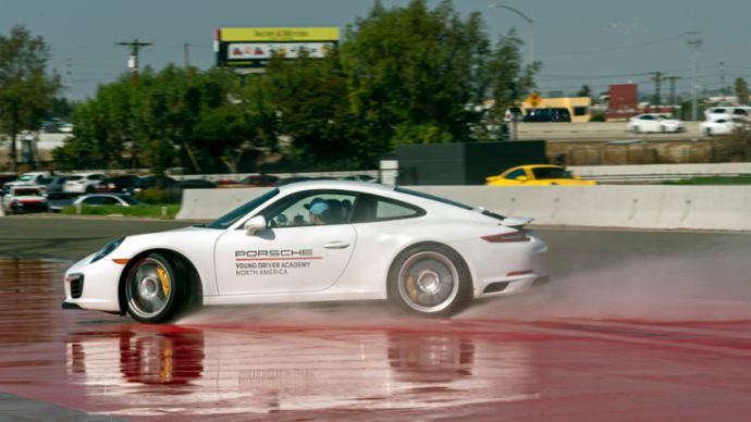 Mitchell deJong on the Porsche Experience Center Los Angeles Driver Development Track at the 2018 Porsche Young Driver Academy, PCNA