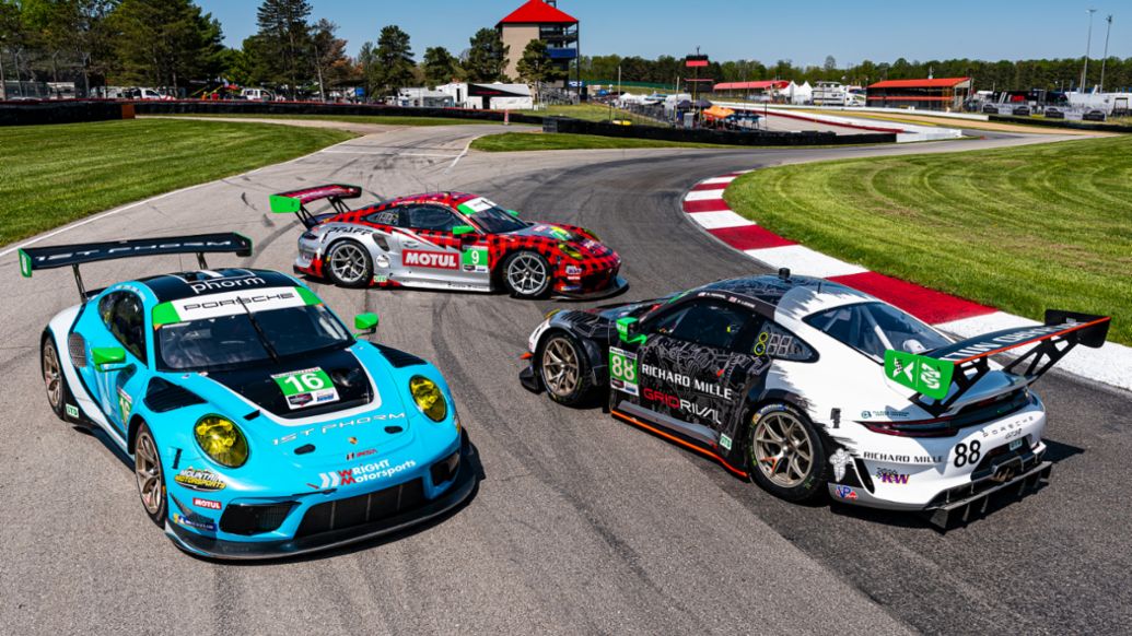 IMSA Porsche 911 GT3 R Customer Teams - (l-r) No. 16 Wright Motorsports - No. 9 Pfaff Motorsports - No. 88 Team Hardpoint EBM, 2021, PCNA