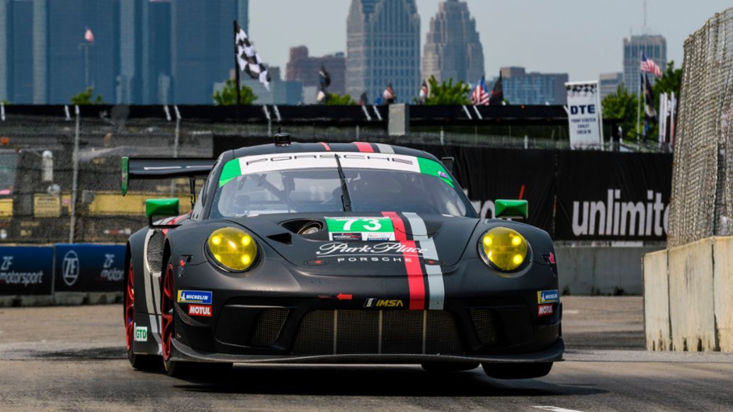 No. 73 Park Place Motorsports Porsche 911 GT3 R qualifying at the Detroit Grand Prix, 2019, PCNA