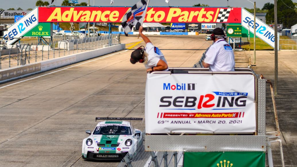 Porsche Carrera Cup NA - Sebring - Race 2 - Kay van Berlo (Netherlands) takes the Pro checkered flag, 2021, PCNA