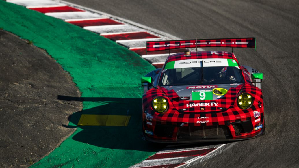 Porsche 911 GT3 R - No. 9 Pfaff Motorsports - Laurens Vanthoor (Belgium) and Zach Robichon (Canada), Laguna Seca, 2021, PCNA