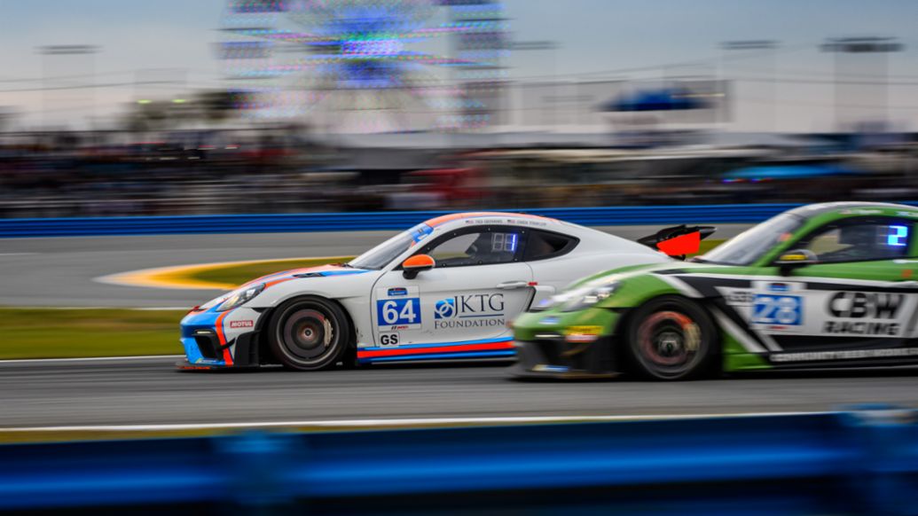 Porsche 718 Cayman GT4 RS Clubsport, No. 64 TeamTGM - Ted Giovanis/Owen Trinkler, No. 28 RS1 Porsche, Daytona, 2022, PCNA