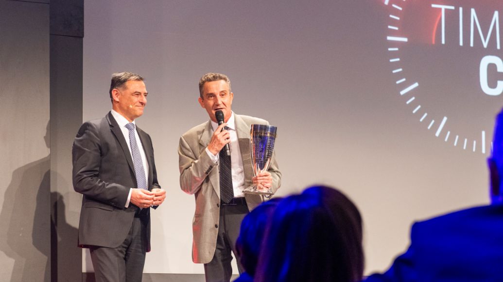 Michael Steiner, Board Member for Research and Development Porsche AG (left) and Nicolas Leutwiler, Winner Porsche Cup 2023, Porsche Night of Champions, 2 December 2023