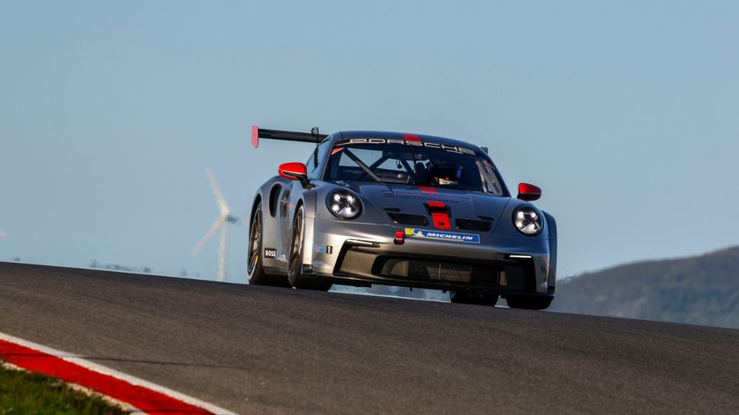 2023 Porsche Motorsport Junior Shootout Porsche 911 GT3 Cup car at Algarve over the crest