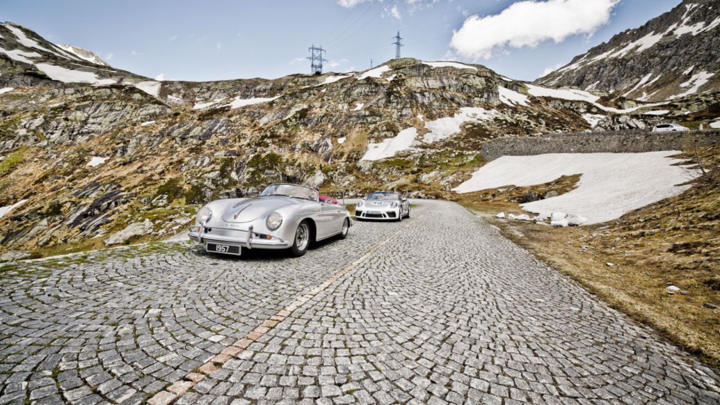 Speedster von 1957 und 2019, Gotthardpass, 2019, Porsche AG