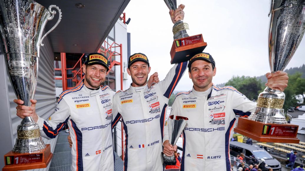 Michael Christensen, Kévin Estre, Richard Lietz, l-r, Gewinner der 24 Stunden von Spa-Francorchamps, Spa-Francorchamps, 2019, Porsche AG