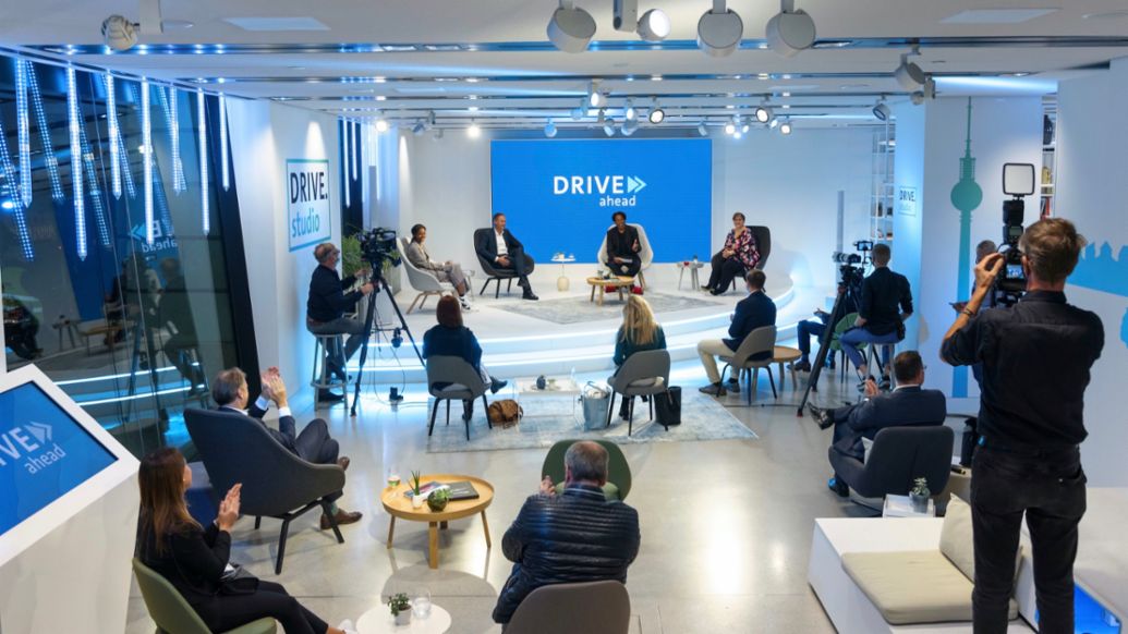 Sara Nuru, Oliver Blume, Chairman of the Executive Board of Dr. Ing. h.c. F. Porsche AG, Cherno Jobatey, Yasemin Yazan, l-r, Taycan 4S, Exhibition “Porsche – Pioneer of Electric Mobility”, Volkswagen Drive Forum, Berlin, Germany, 2020, Porsche AG