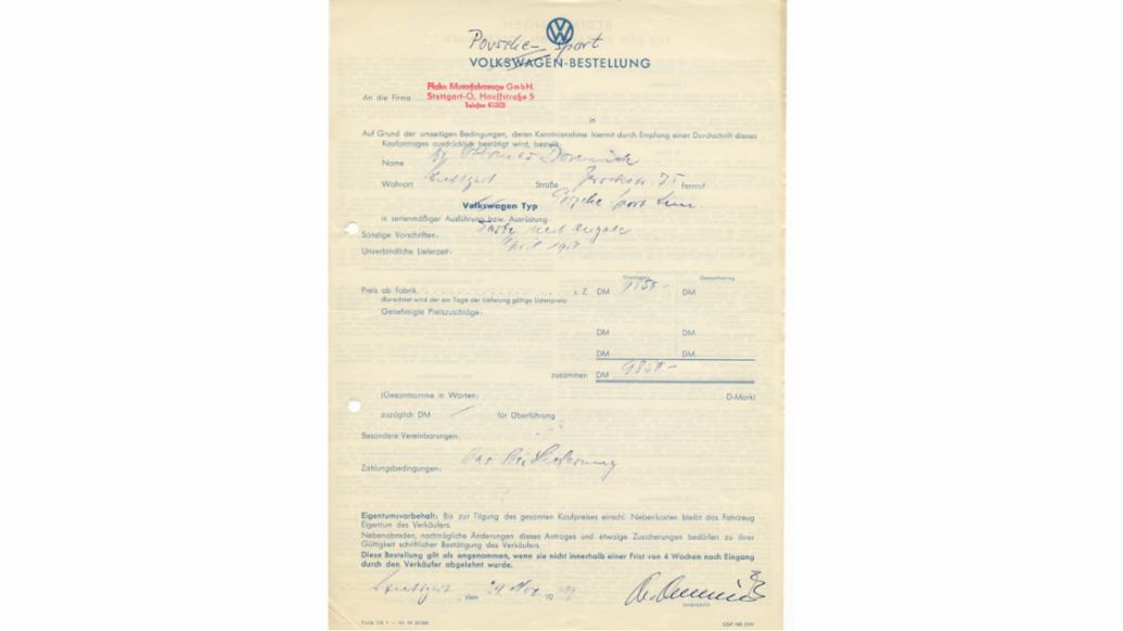 El formulario original del pedido de Ottomar Domnick, 1949, Porsche AG