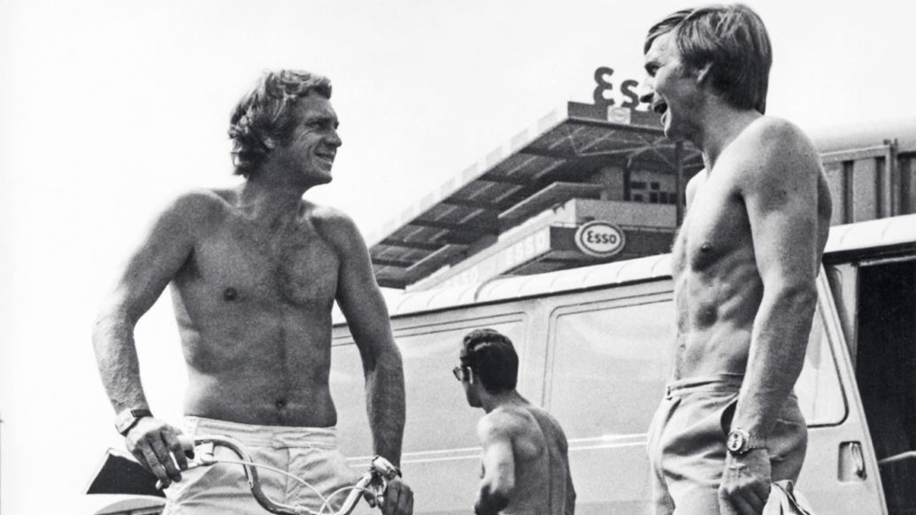 Steve McQueen, Derek Bell, l-r, 1970, Porsche AG 