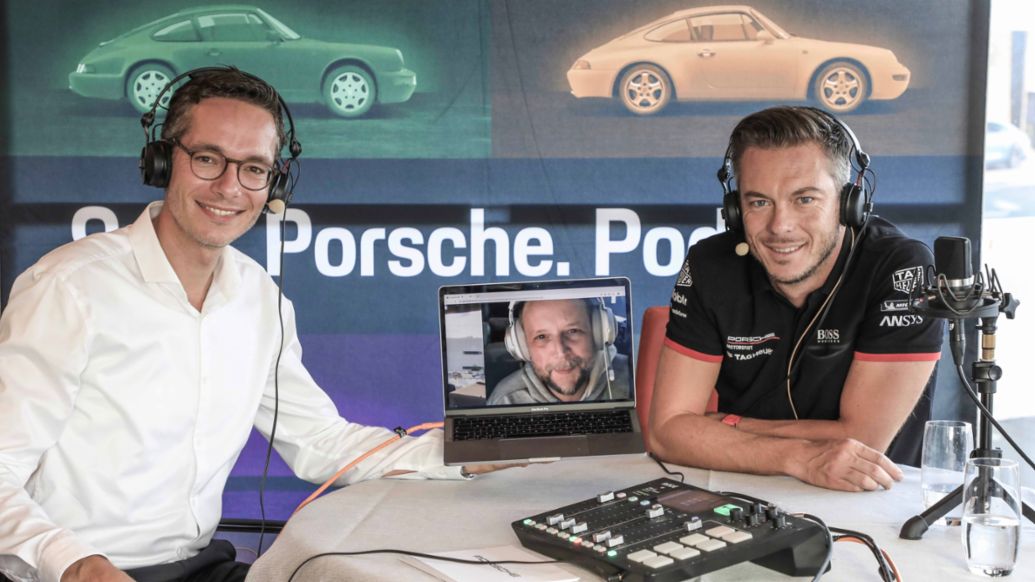 Sebastian Rudolph, Head of Communications at Porsche, Smudo, Rapper, André Lotterer, Porsche works driver, l-r, Podcast „9:11“, 2020, Porsche AG