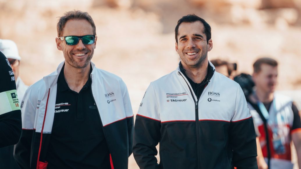 Helmut Fink, Neel Jani and André Lotterer’s trainer, Neel Jani, l-r, Diriyah E-Prix, 2020, Porsche AG