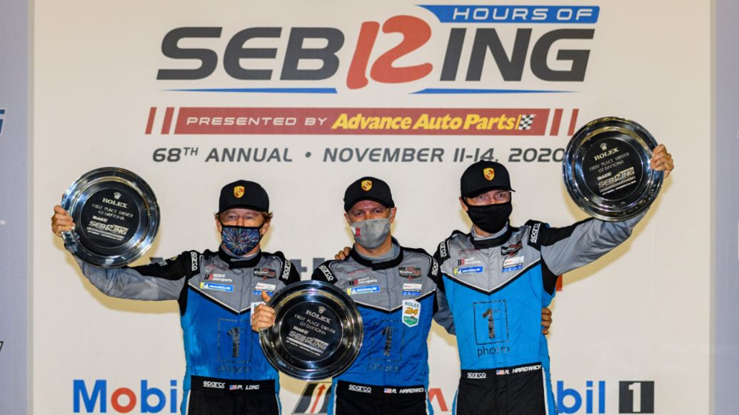 Patrick Long, Jan Heylen, Ryan Hardwick, l-r, IMSA WeatherTech SportsCar Championship, Sebring, 2020, Porsche AG