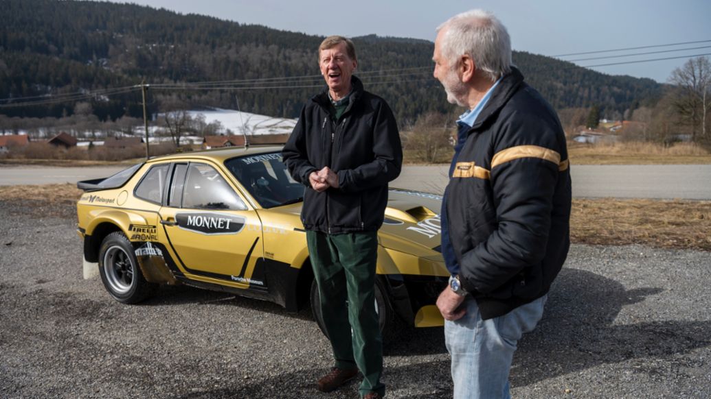 Walter Röhrl, Roland Kussmaul, l-r, 924 Carrera GTS Rallye, 2021, Porsche AG