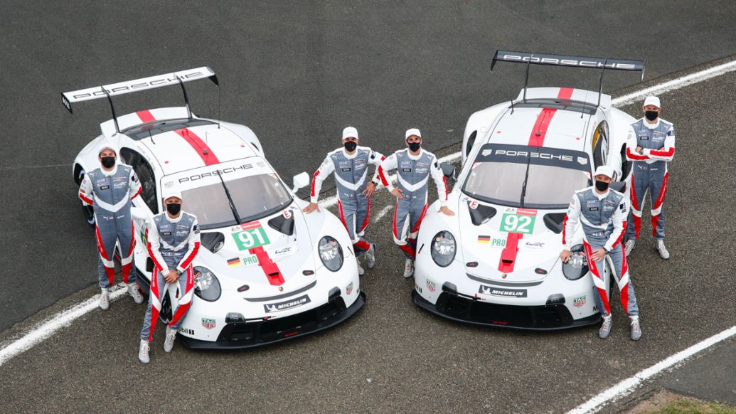 Porsche GT Team (#91), Richard Lietz, Gianmaria Bruni, Frederic Makowiecki; Porsche GT Team (#92), Neel Jani, Kevin Estre, Michael Christensen (l-r), Porsche 911 RSR, 2021, Porsche AG