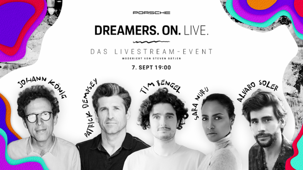 Johann König, Patrick Dempsey, Tim Bengel, Sara Nuru, Alvaro Soler, l-r, Dreamers.On Live-Talk, 2021, Porsche AG