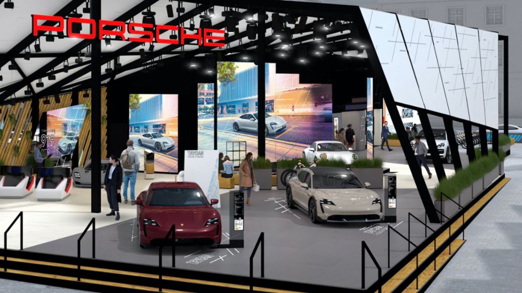 Porsche stand at Wittelsbacher Platz, IAA Mobility 2021, Munich, Germany, 2021, Porsche AG