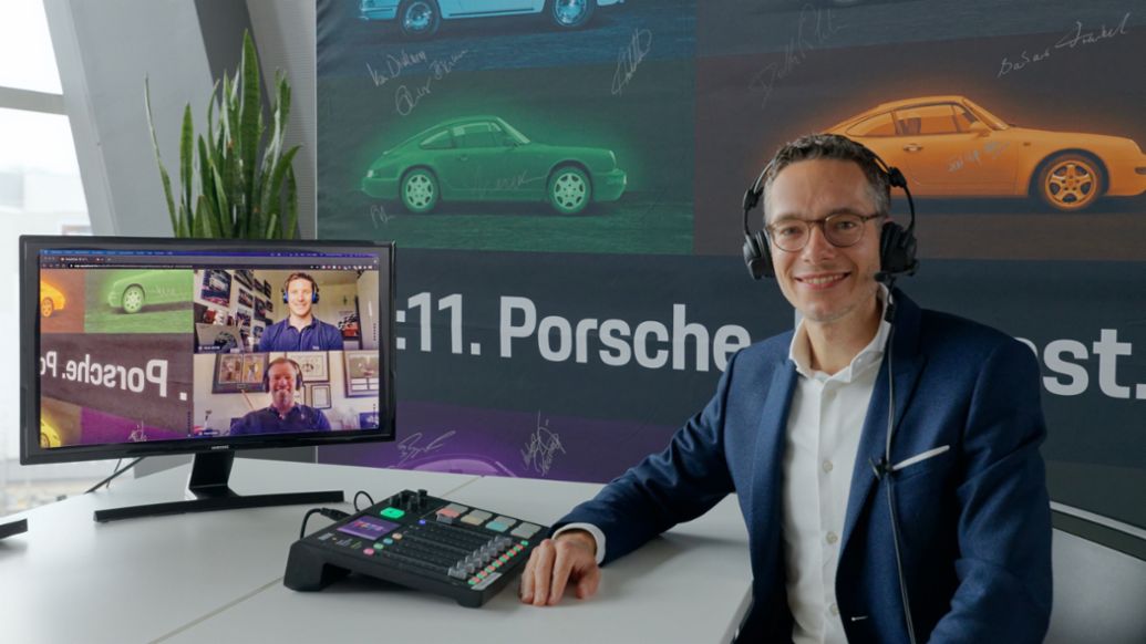 Kévin Estre, Porsche-Werksfahrer, Paul Casey, Porsche-Markenbotschafter, Sebastian Rudolph, Leiter Öffentlichkeitsarbeit, Presse, Nachhaltigkeit und Politik bei Porsche, l-r, 2021, Porsche AG