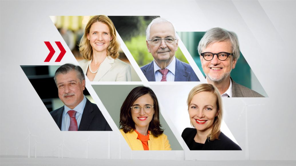 Adnan Amin, Lucia Reisch, Raffaela Rein, Klaus Töpfer, Sarah Jastram, Ortwin Renn, l-r, Porsche Sustainability Council, 2021, Porsche AG