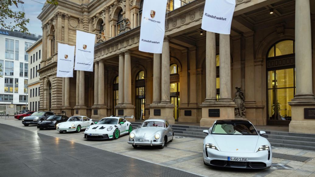 Taycan, 356, 911 GT3 RS, 911 Carrera RS 2.7, 911 Turbo, Cayenne GT, Frankfurt Stock Exchange, IPO, Frankfurt am Main, Germany, 2022, Porsche AG