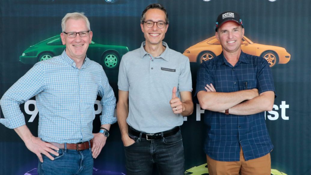 Bob Pauley, Production Designer of Sally Carrera for the Cars film, Sebastian Rudolph, Vice President Communications, Sustainability and Politics at Porsche AG, Jay Ward, Creative Director of Franchise at Pixar Animation Studios, l-r, 9:11 Podcast, 2022, Porsche AG