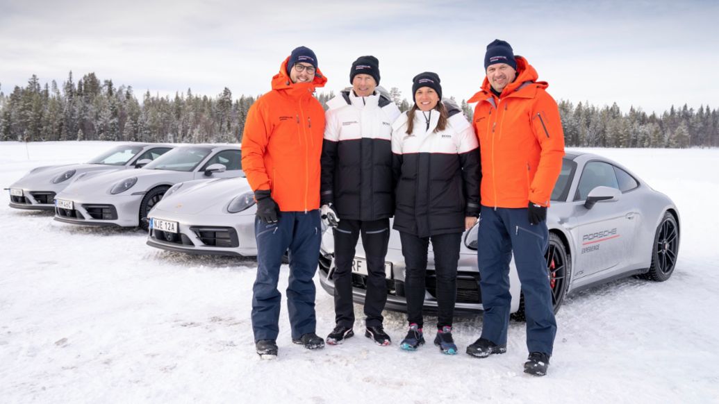 Anton Marklund, vencedor del Campeonato Europeo de Rallycross FIA en 2017; Ingemar Stenmark, leyenda del esquí; Simona De Silvestro, piloto de Porsche; Raine Wermelin, Director de Porsche Suecia (i-d), 911, Porsche Ice Experience, Suecia, 2022, Porsche AG