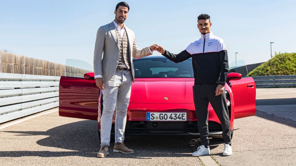 Sami Khedira, Porsche Brand Ambassador, Pascal Wehrlein, Porsche Works Driver, l-r, Taycan GTS Sport Turismo, Weissach, 2022, Porsche AG