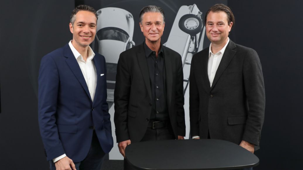 Sebastian Rudolph, Vice President Communications, Sustainability and Politics, Lutz Meschke, Deputy Chairman of the Executive Board and Member of the Executive Board for Finance and IT at Porsche AG, Björn Scheib, Head of Investor Relations, 2023, Porsche AG