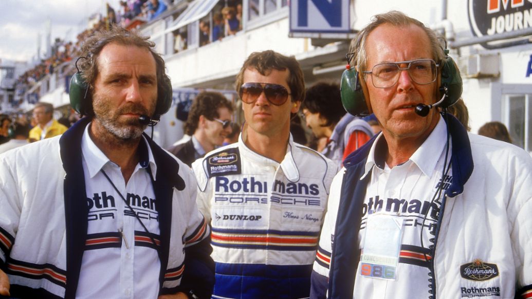 Roland Kussmaul, Klaus Nierop und Peter Falk (l-r), Le Mans, 1987, Porsche AG