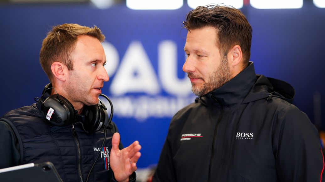 Timo Bernhard, owner Team75 Bernhard and Porsche Brand Ambassador, Sebastian Golz, Project Manager Porsche 911 GT3 R, l-r, DTM, Nürburgring, 2023, Porsche AG