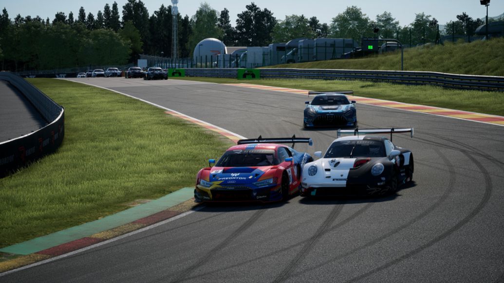 Esports ESL_R1, Lauf 2 Spa-Francorchamps (B), Porsche Coanda Esports Racing Team, Porsche 911 GT3 R, Mitchell deJong (USA), Joshua Rogers (AUS), Mack Bakkum (NL), Dayne Warren (AUS), 2023, Porsche AG