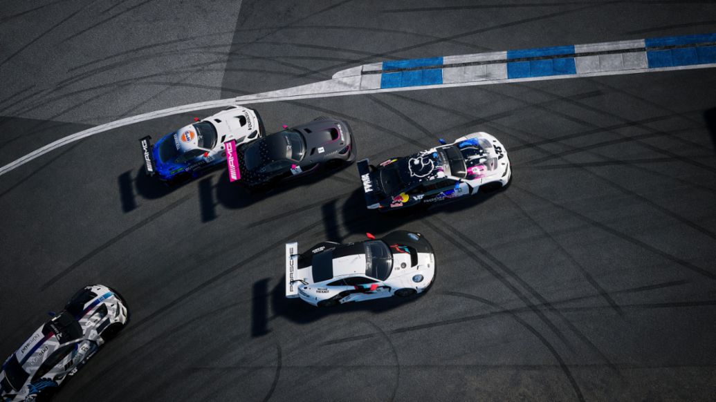 Porsche Coanda Esports Racing Team, Porsche 911 GT3 R, Mitchell deJong (USA), Joshua Rogers (AUS), Mack Bakkum (NL), Dayne Warren (AUS), Esports ESL_R1, Hockenheim (D), 2023, Porsche AG