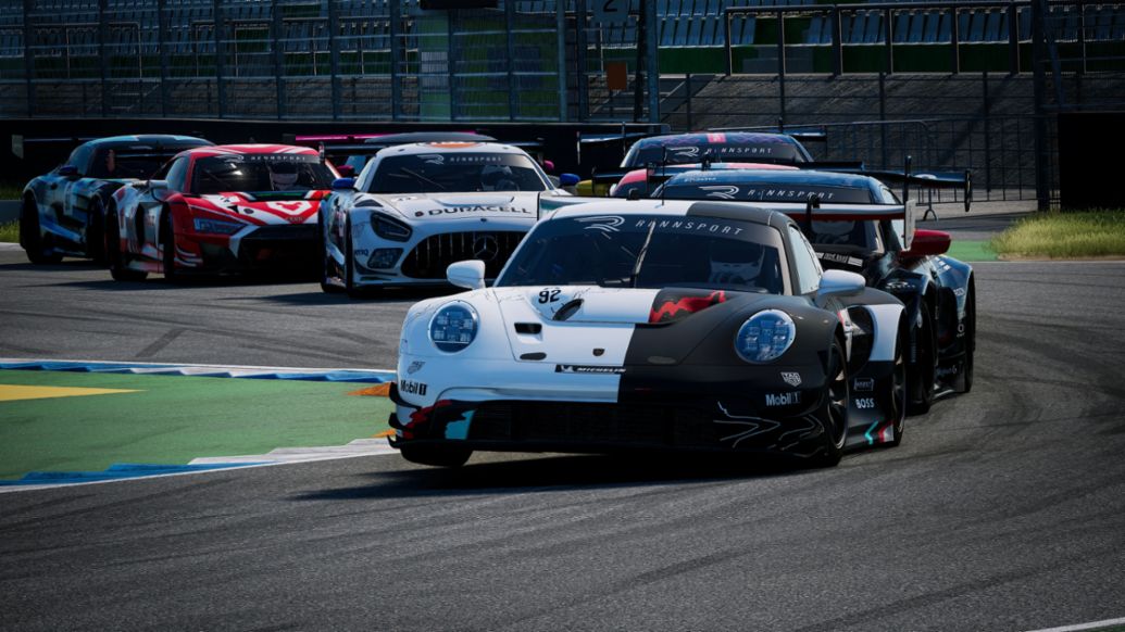 Porsche Coanda Esports Racing Team, Porsche 911 GT3 R, Mitchell deJong (USA), Joshua Rogers (AUS), Mack Bakkum (NL), Dayne Warren (AUS), Esports ESL_R1, Hockenheim (D), 2023, Porsche AG