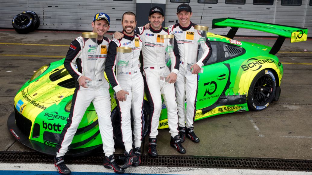 Nick Tandy, Frederic Makowiecki, Richard Lietz, Patrick Pilet, l-r, Manthey-Racing, 24-hour Nürburgring, 2018, Porsche AG