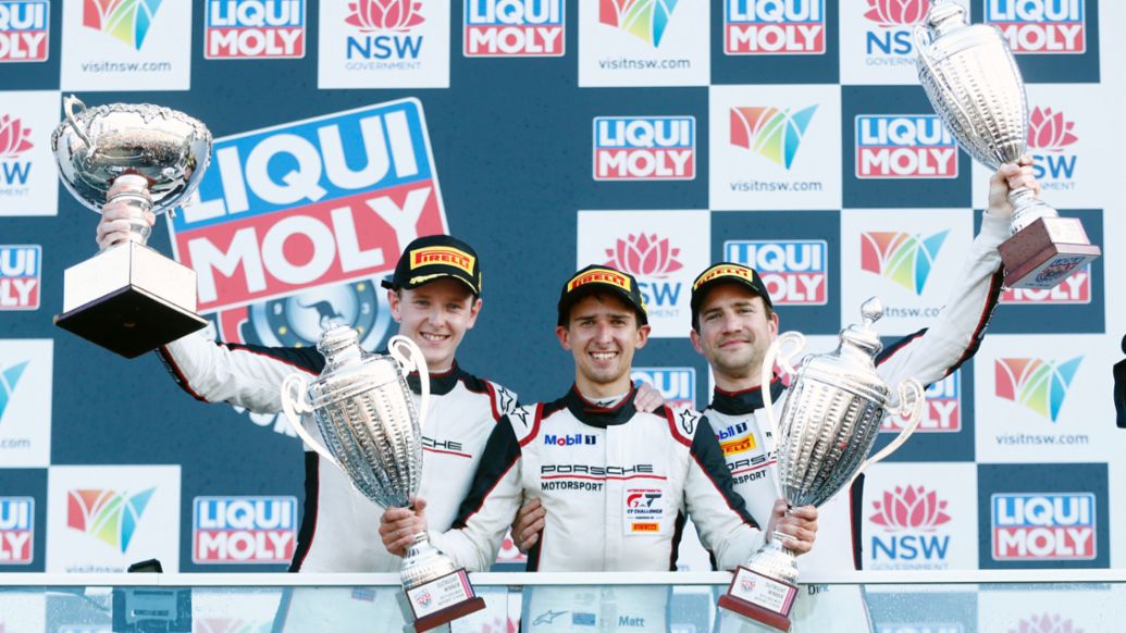 Dennis Olsen, Matt Campbell, Dirk Werner, l-r, Team Earl Bamber Motorsport, Race, Intercontinental GT Challenge, Mount Panorama Circuit, Bathurst, 2019, Porsche AG