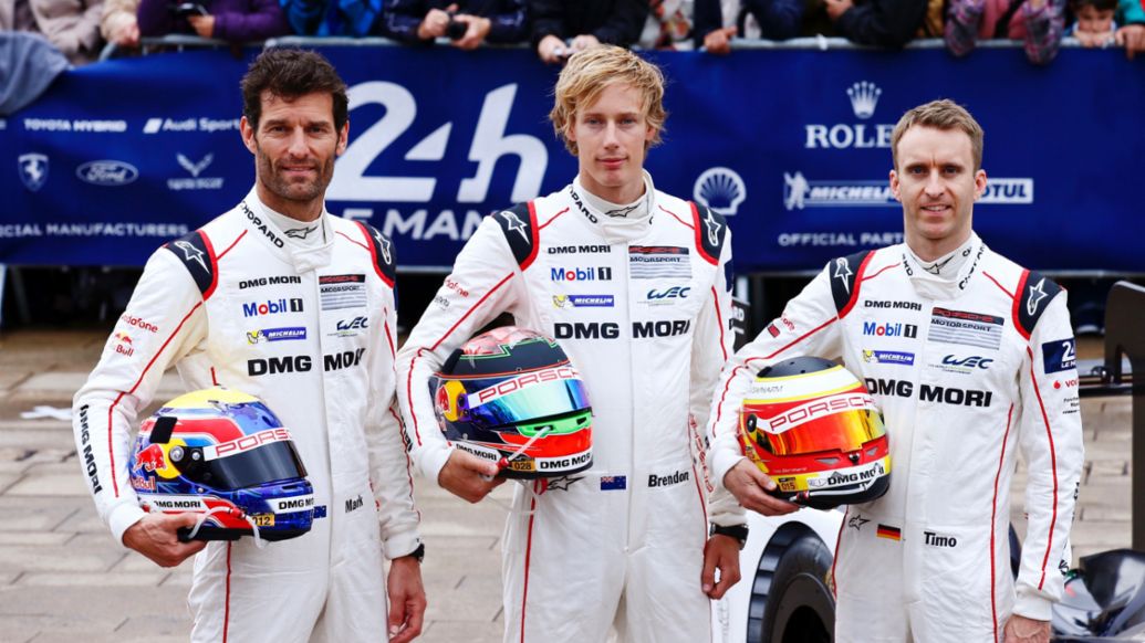 Mark Webber, Brendon Hartley, Timo Bernhard, l-r, Scrutineering, WEC, Le Mans, 2016, Porsche AG