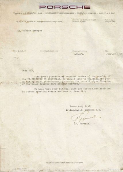 Carta de Ferry Porsche a Adrián Samayoa Santorini, 1958, archivo familia Samayoa