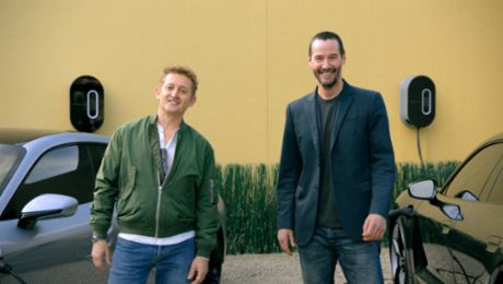 Keanu Reeves and Alex Winter test the Porsche Taycan in a new film “Going the Distance”
